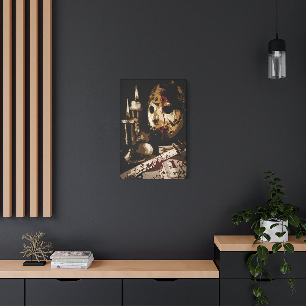 Off the Clock medium canvas on a charcoal wall by wood slats, sepia horror still life by candlelight