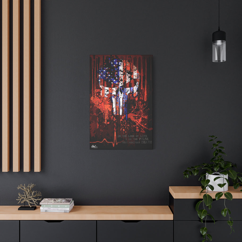 The Vigilante medium canvas on a charcoal wall over an oak shelf, skull emblem built from a distressed American flag