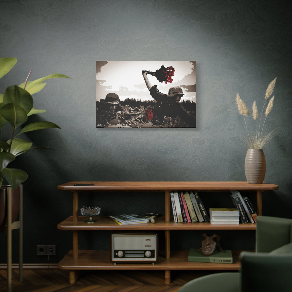 War Peace large canvas on a green-gray wall over bookshelves, soldier raising red roses above the trenches