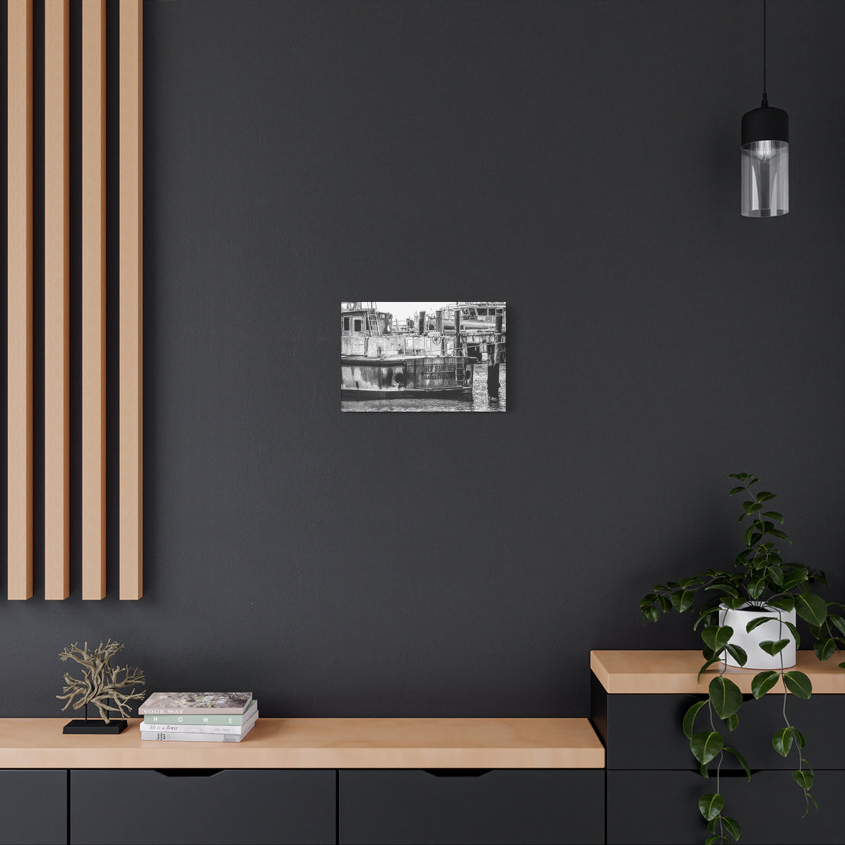 Fort Sumter Original small canvas on a charcoal wall over an oak shelf, weathered harbor boat sketched over in pen