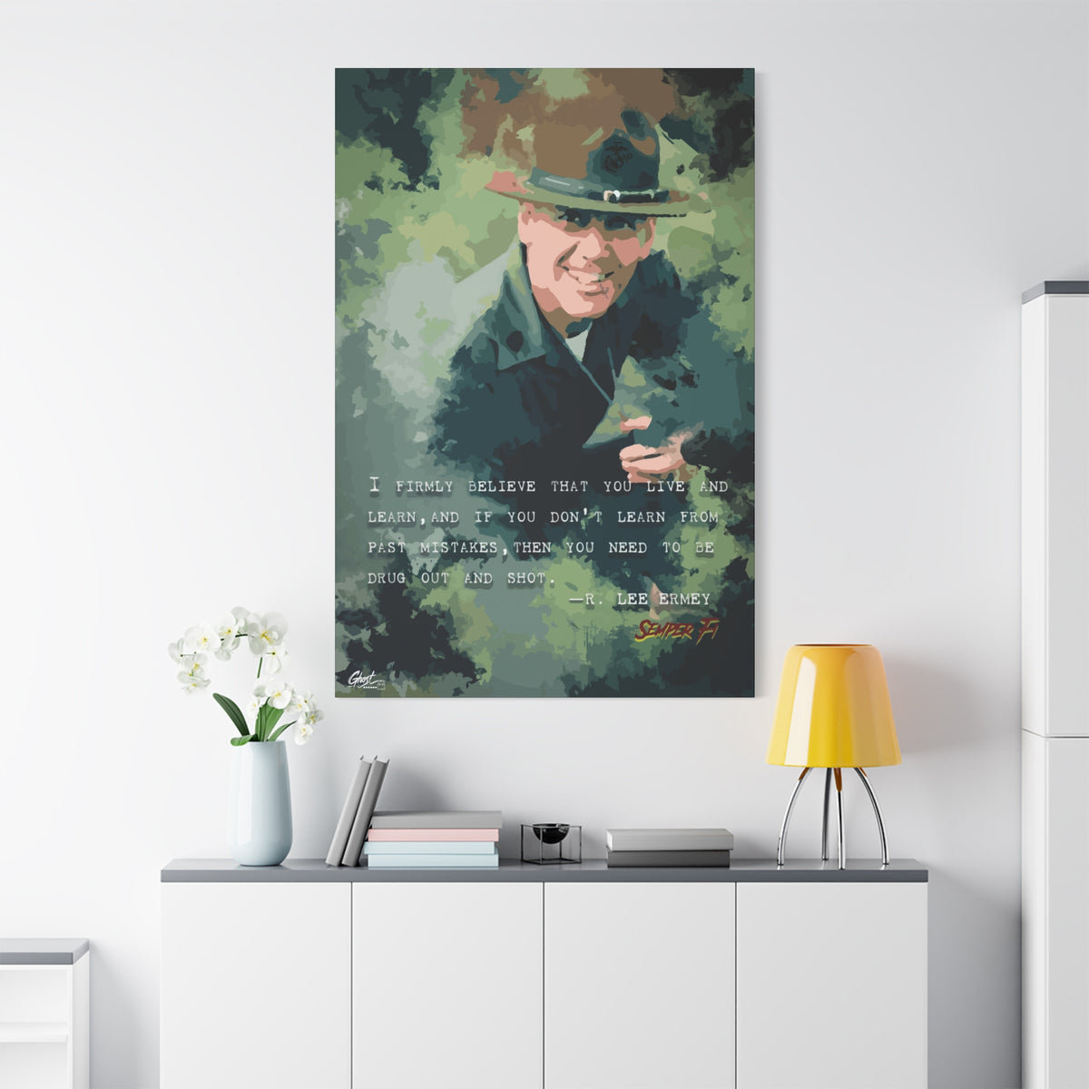 Live and Learn oversized canvas on a white wall over a sideboard, painterly drill instructor portrait in camo greens
