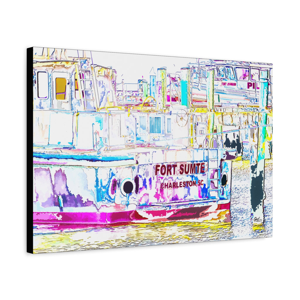 Fort Sumter Retro canvas, angled side view: harbor boat in bright retro pinks, blues and yellows
