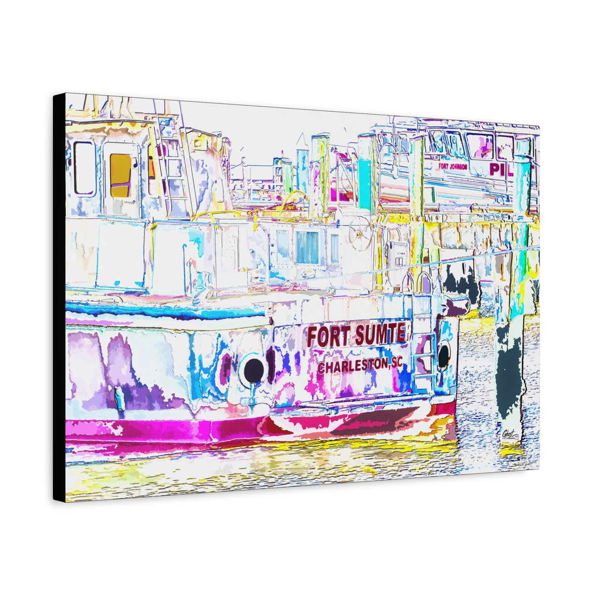 Fort Sumter Retro canvas, angled side view: harbor boat in bright retro pinks, blues and yellows