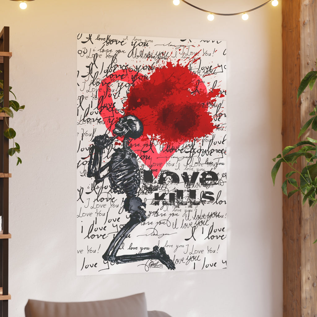 Love Kills poster on a white wall with string lights and wood beam