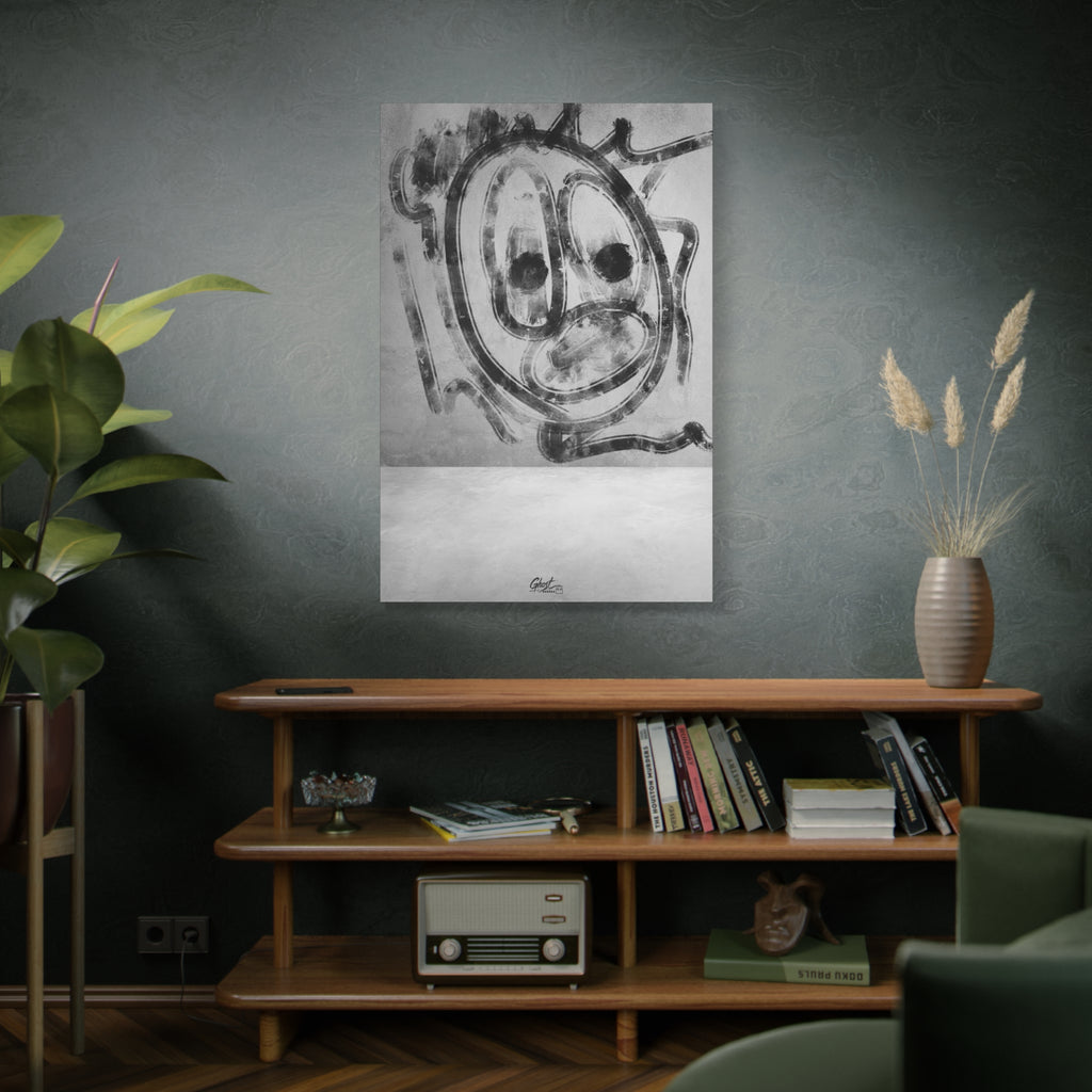 Thinking Out Loud large canvas above a wooden bookshelf, graffiti-style screaming face in charcoal strokes on concrete