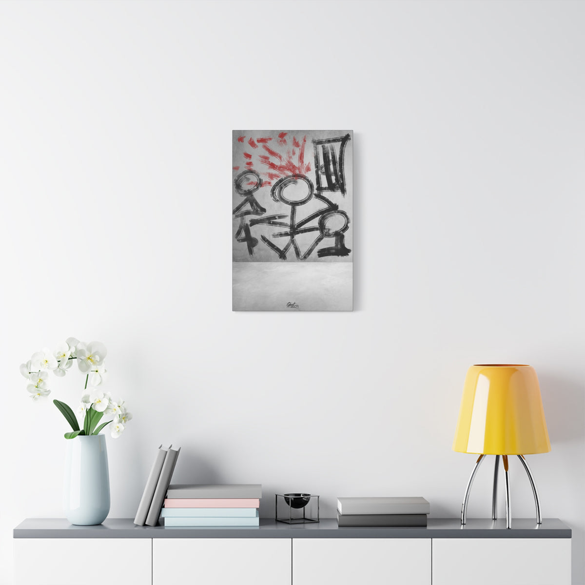 Stressed Out small canvas over a console with white flowers, black stick figures beneath red brushstroke rays