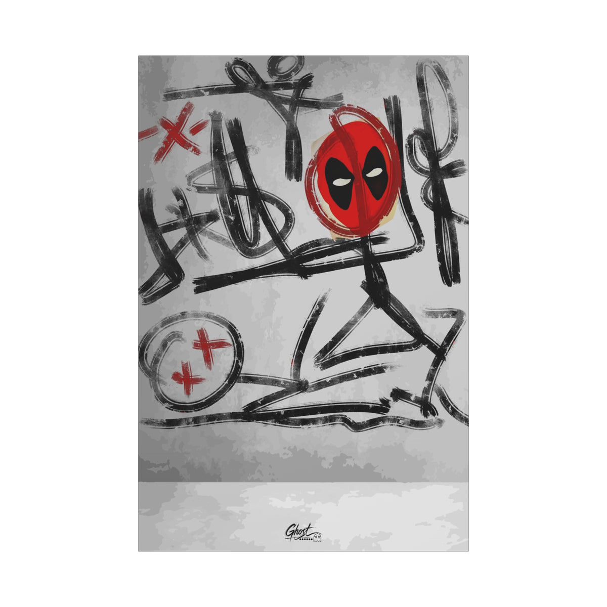 X'd Out canvas print, front view: black brushstroke doodles with a red mask emblem