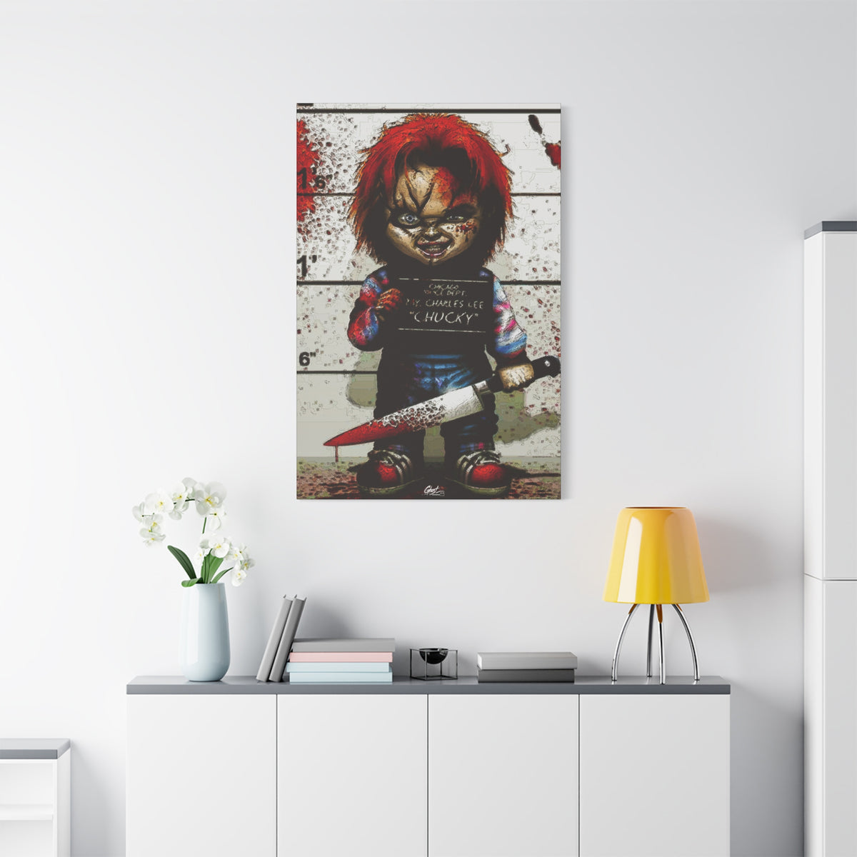 Best Friends Forever medium canvas above a white sideboard and yellow lamp, doll lineup photo splashed with red