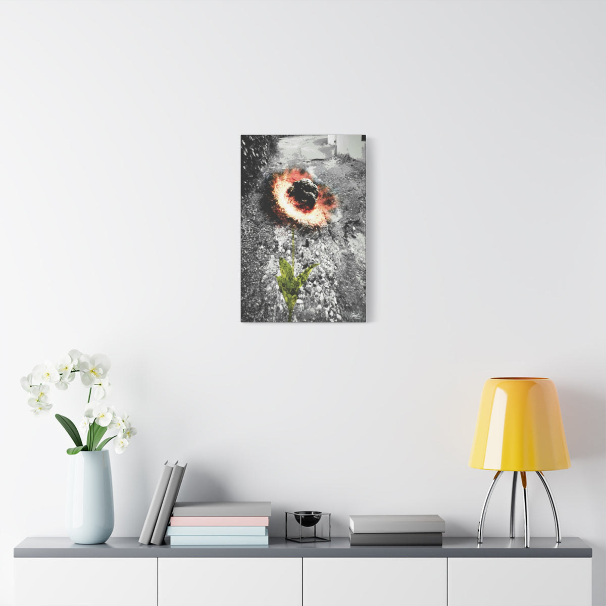 Meteor Flower medium canvas over a console with white flowers, pothole crater ringed in orange, red and yellow like a flower
