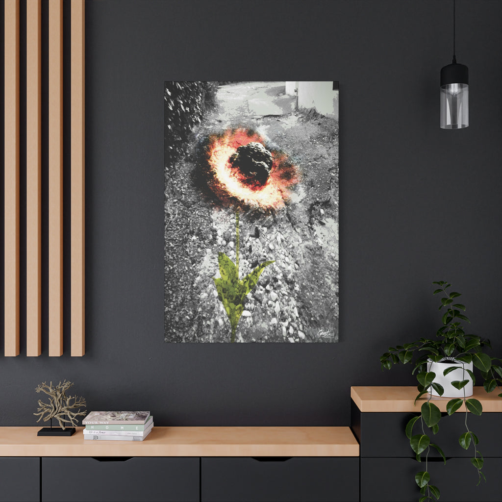 Meteor Flower large canvas on a charcoal wall by wood slats, pothole crater ringed in orange, red and yellow like a flower