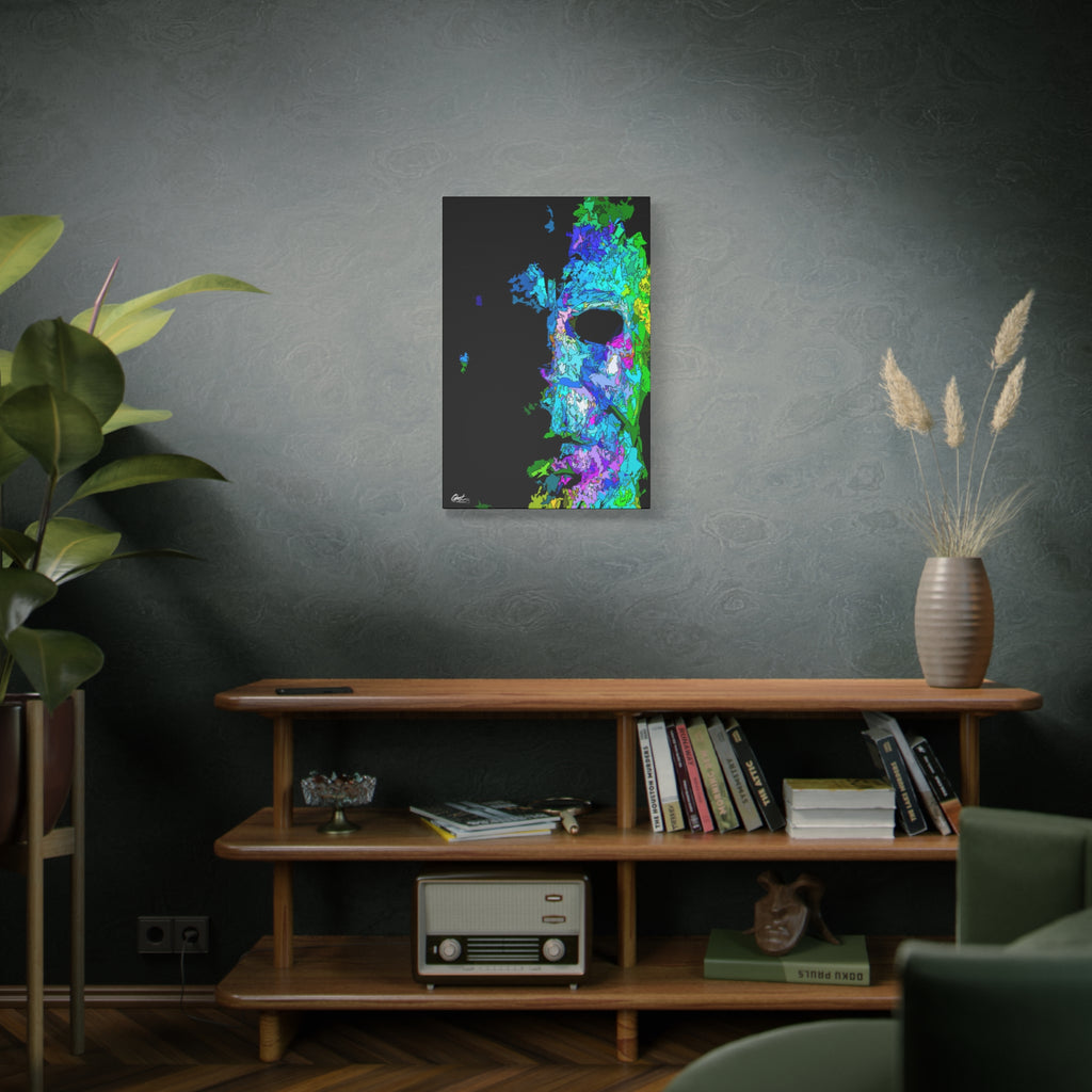 Stalk at Night, Prism Edition medium canvas on a green-gray wall over bookshelves, neon triangle-shard mask