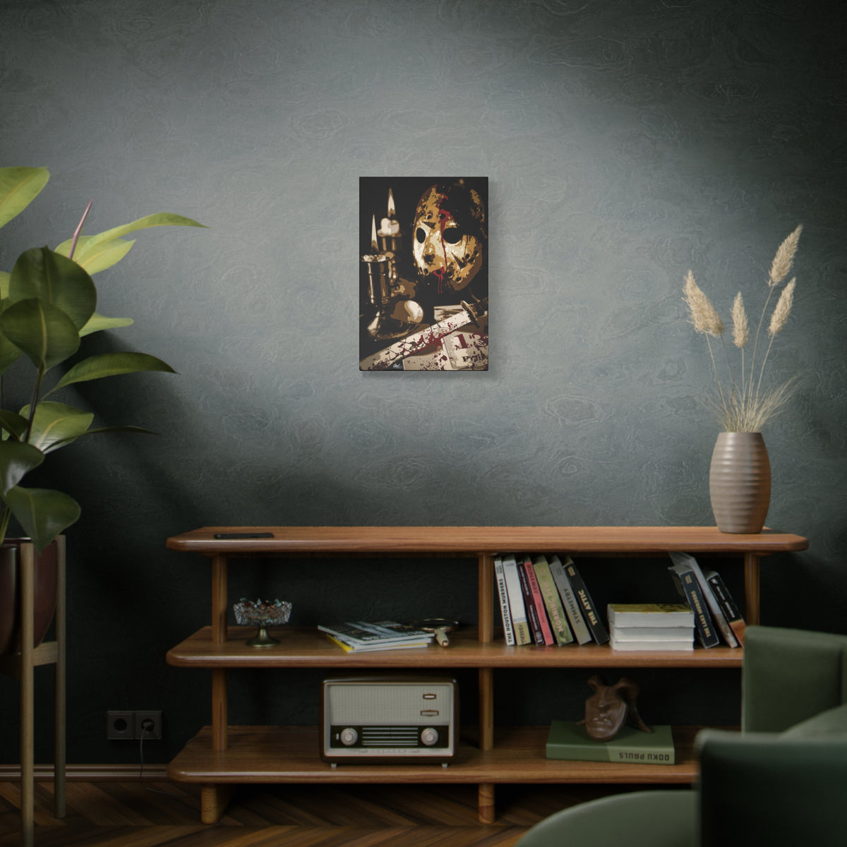 Off the Clock medium canvas above a wooden bookshelf, sepia horror still life by candlelight