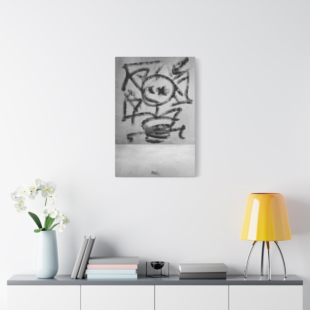 Going Crazy large canvas on a white wall above a console, spiraling charcoal-style abstract in black and white