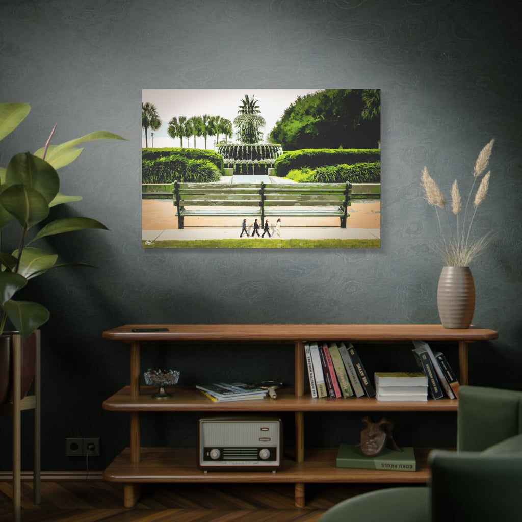 Pineapple Crossing large canvas above a wooden bookshelf, Pineapple Fountain with palmettos, hedges and four walkers