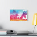 The Battery Tropical Edition canvas beside a yellow desk lamp, palm silhouettes against a turquoise, pink and gold sunset