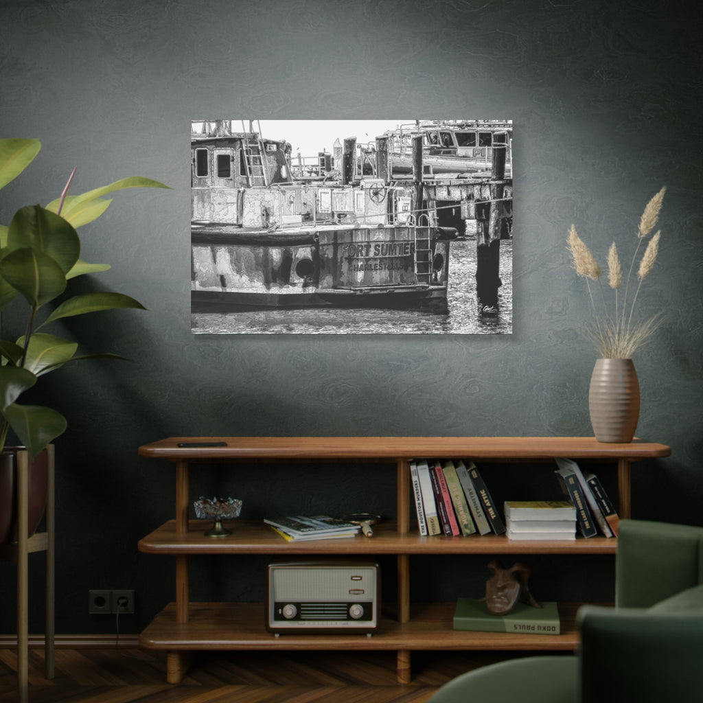 Fort Sumter Original large canvas above a wooden bookshelf, black-and-white, pen-drawn Fort Sumter tour boat at the dock