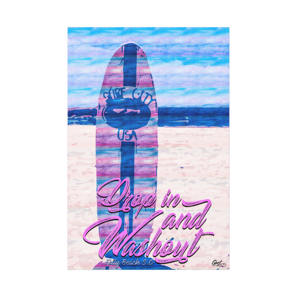 Drop In and Wash Out, Folly Beach canvas print, front view: sun-bleached surfboard art in soft pinks and blues, Charleston SC