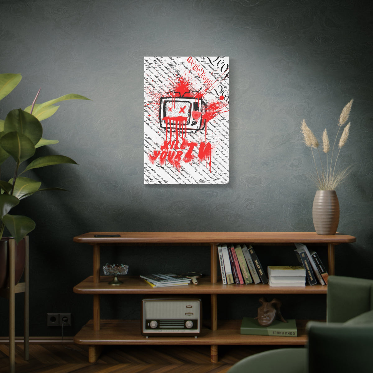 Kill Your TV canvas above a wooden bookshelf, hand-drawn TV with X eyes and bursting red paint