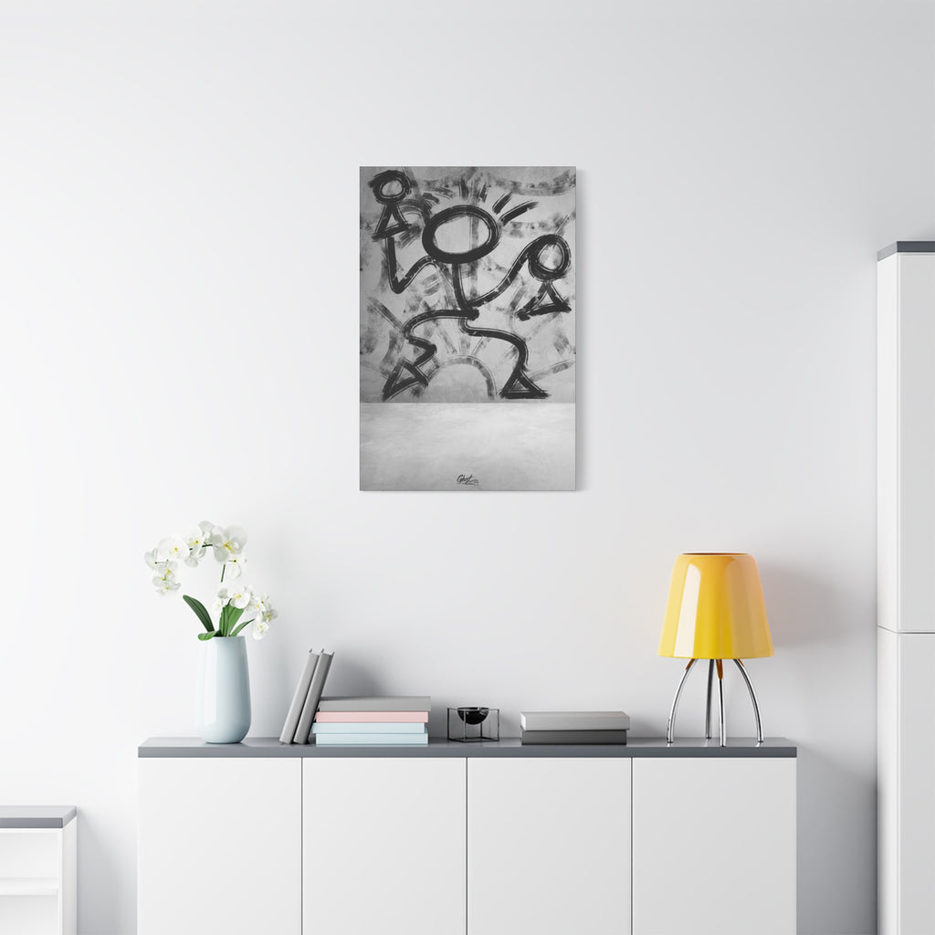 Trapped canvas above a white sideboard and yellow lamp, black-and-white brushstroke figure pressing against invisible walls