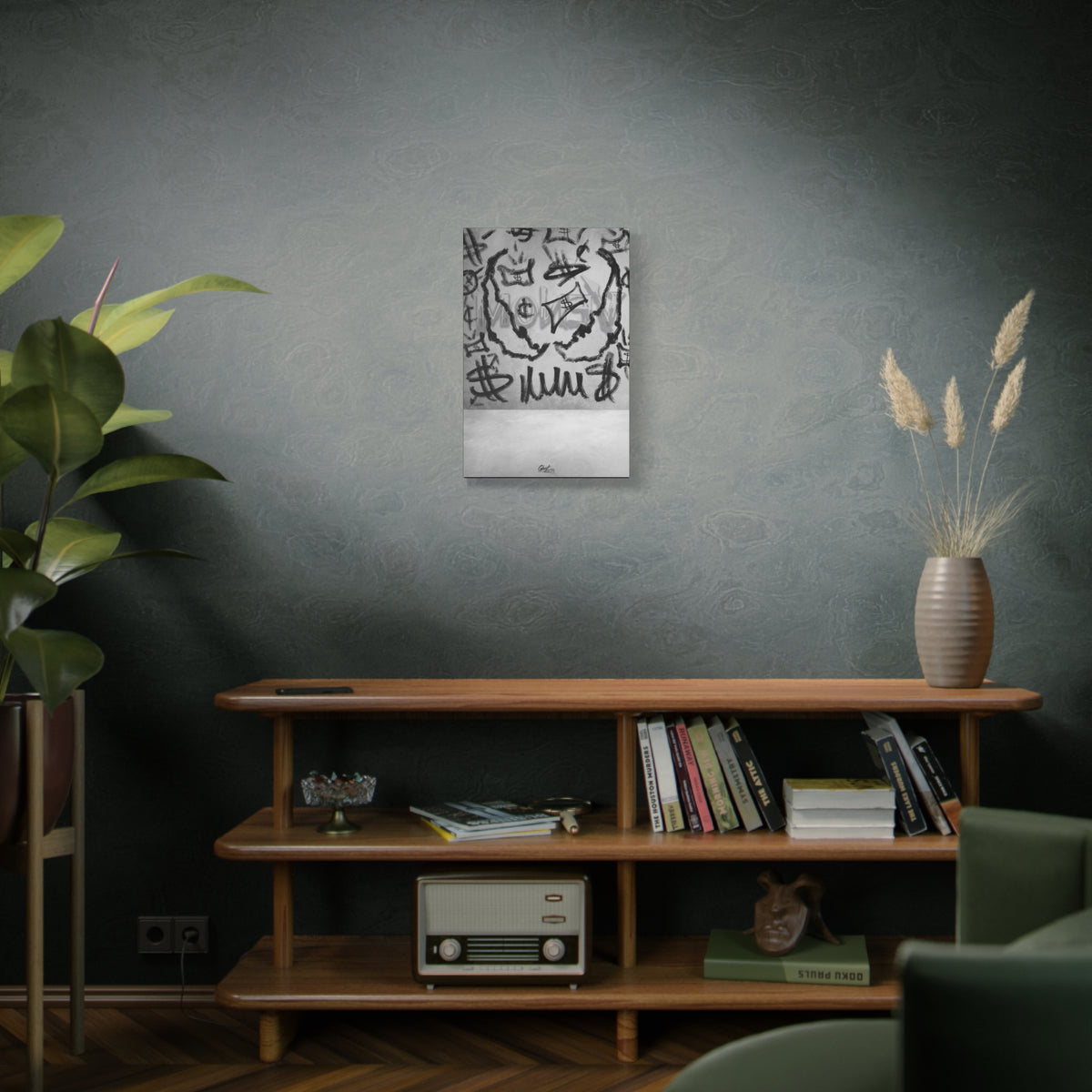 We Are Money small canvas above a wooden bookshelf, black-and-white urban abstract brushwork