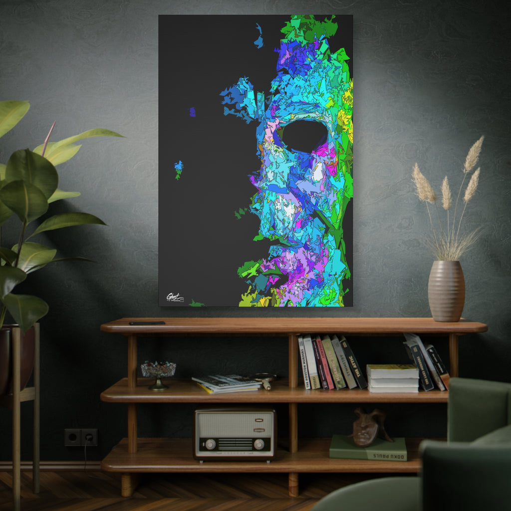 Stalk at Night, Prism Edition oversized canvas on a green-gray wall over bookshelves, neon triangle-shard mask