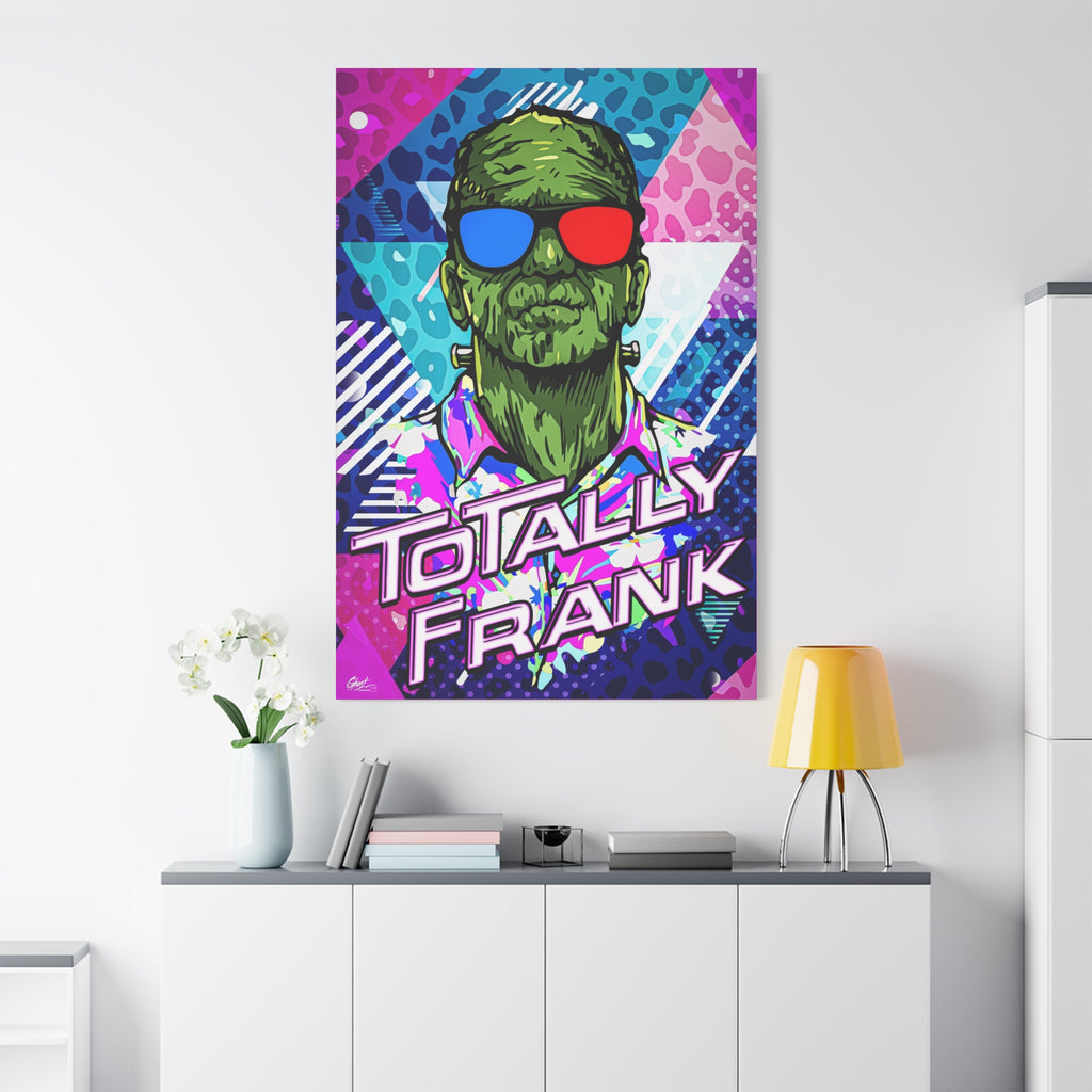 Monster Vibes oversized canvas on a white wall over a sideboard, neon pop-art monster with bold block lettering