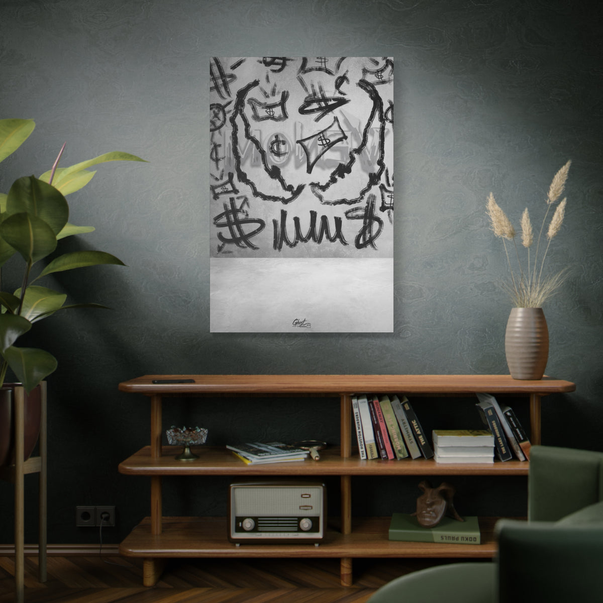 We Are Money large canvas above a wooden bookshelf, graffiti-style black marks and tags on a pale base