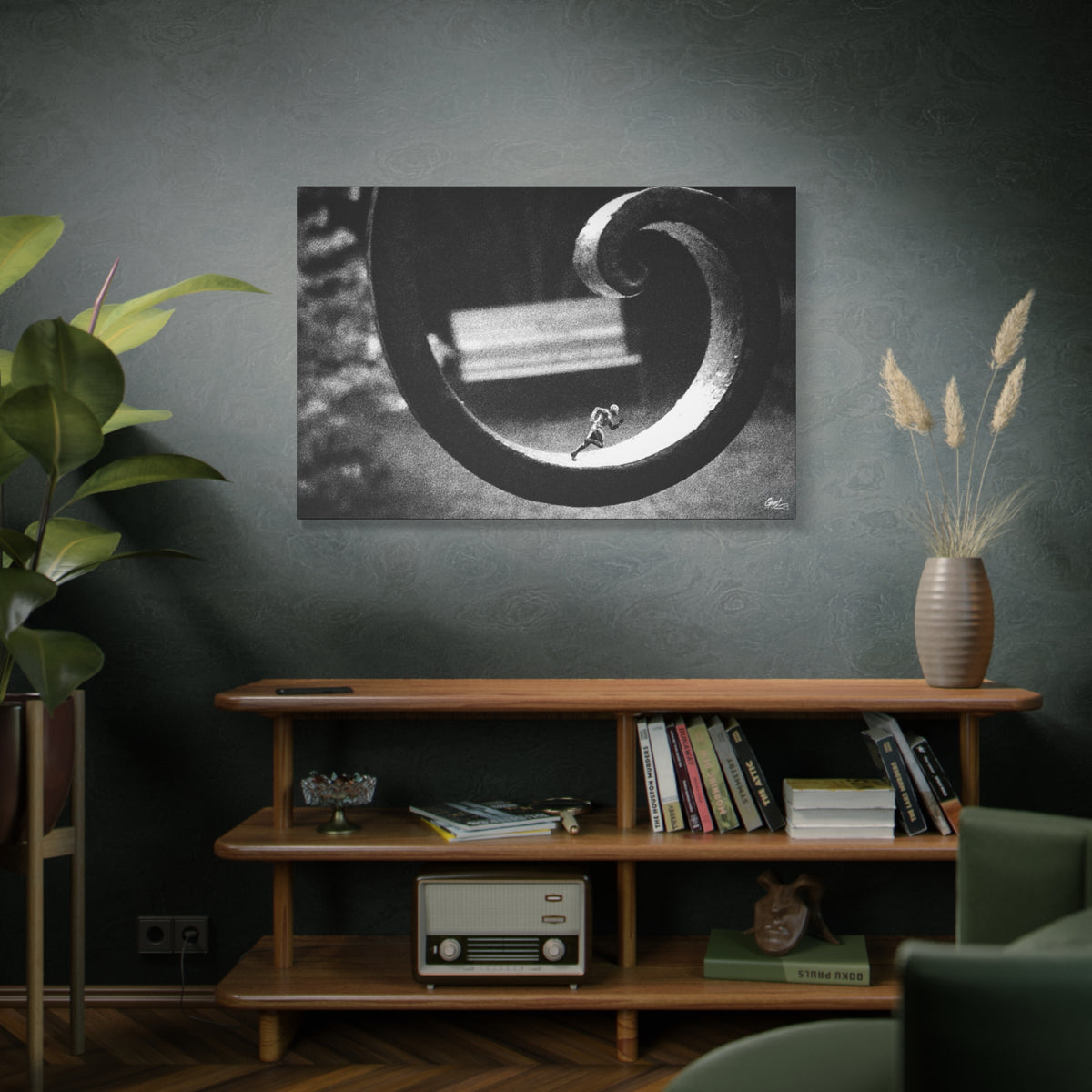 A Man in Charleston oversized canvas on a green-gray wall over bookshelves, black-and-white Charleston alley ironwork with a miniature figurine mid-stride