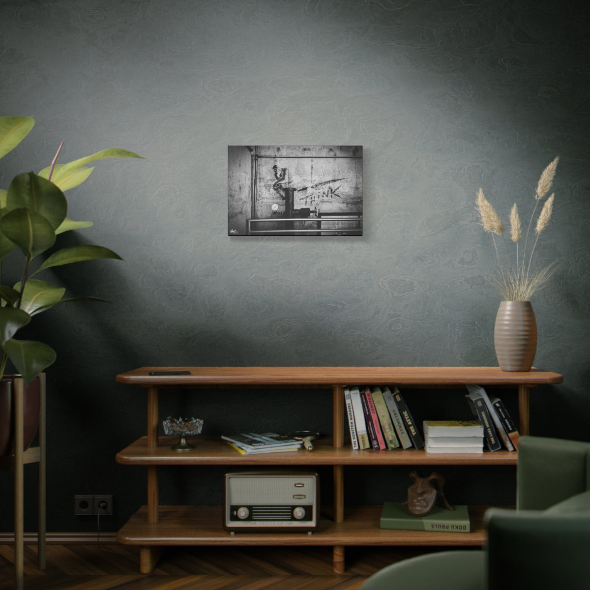 I Overthink medium canvas above a wooden bookshelf, gritty parking-garage wall with a stenciled THINK