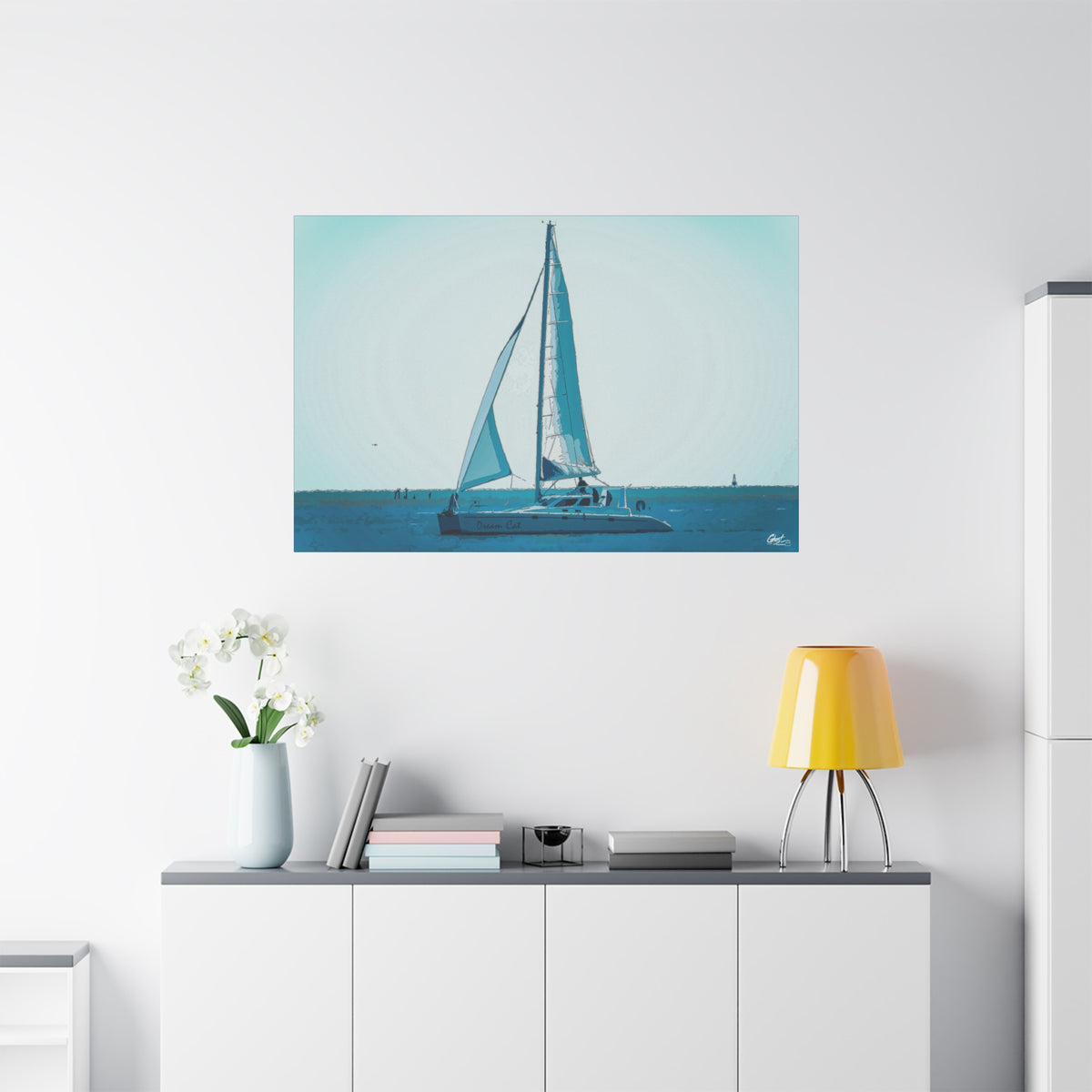 Freedom Sailing medium canvas on a white wall over a sideboard, painterly teal seascape with a single sailboat