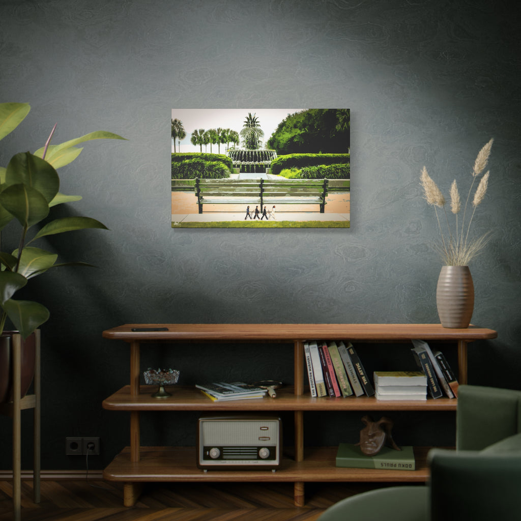Pineapple Crossing large canvas on a green-gray wall over bookshelves, pineapple fountain and four walkers