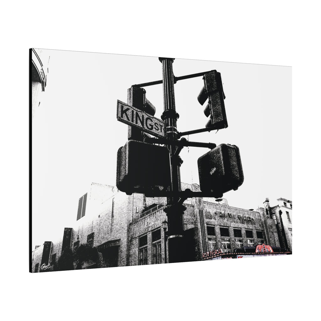 King St canvas, angled view of the gallery-wrapped edge: black-and-white King Street signals and the Riviera Theatre