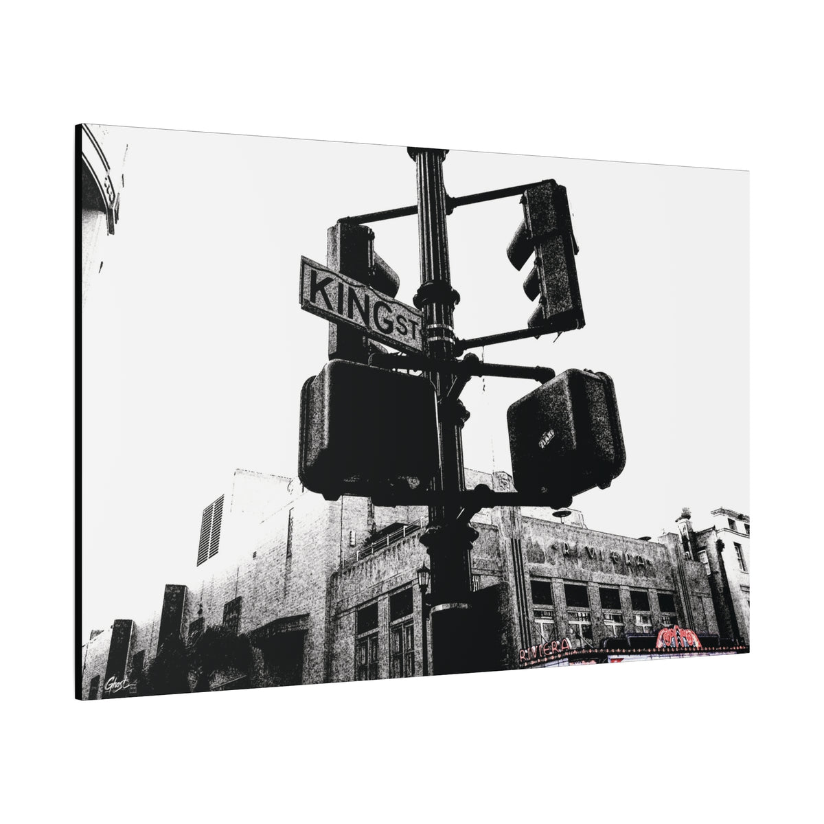 King St canvas, angled view of the gallery-wrapped edge: black-and-white King Street signals and the Riviera Theatre