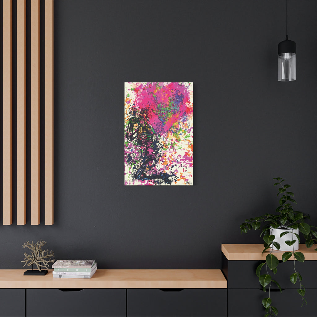Waiting on My Love medium canvas on a charcoal wall by wood slats, magenta and black splatter heart with a kneeling figure