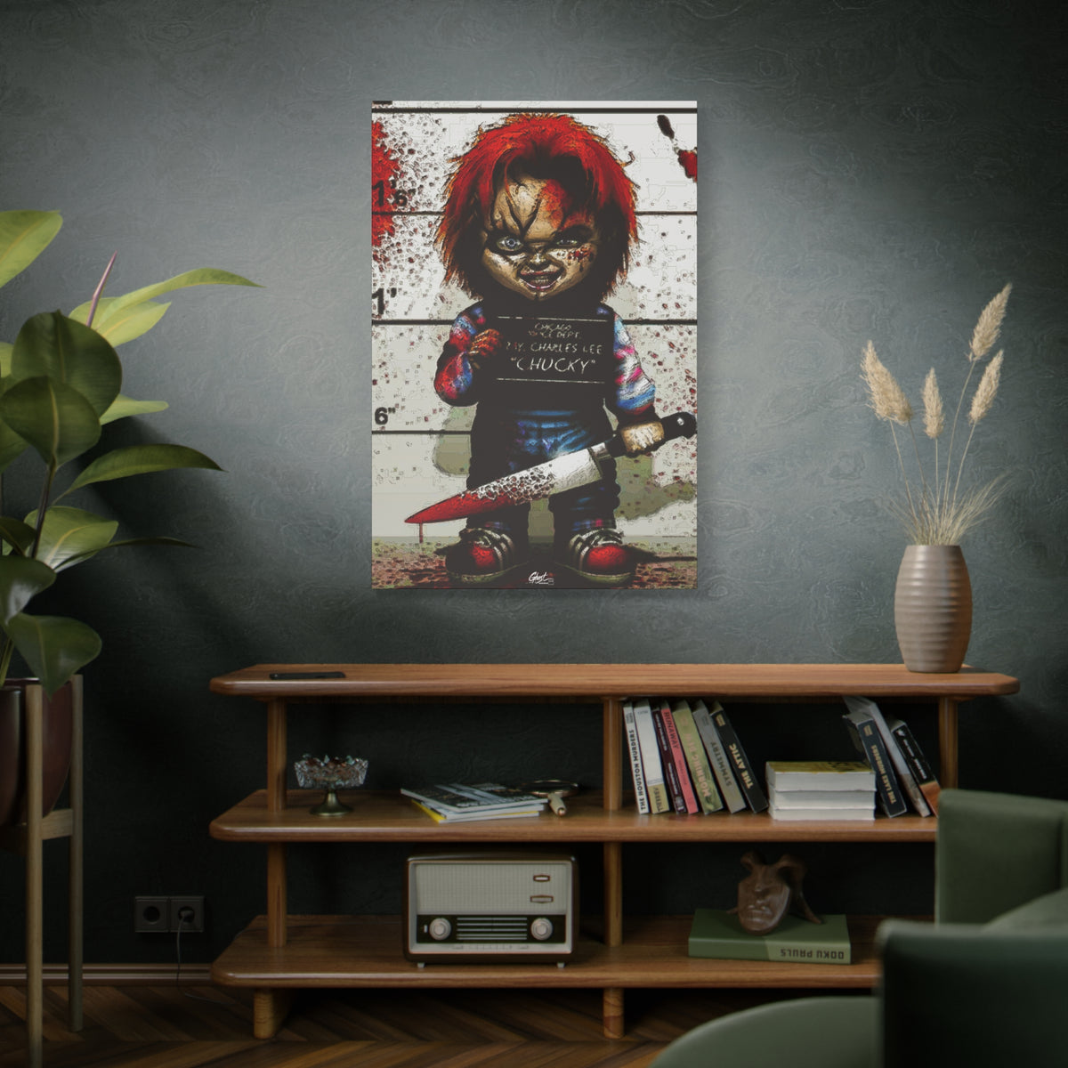 Best Friends Forever large canvas above a wooden bookshelf, red-haired doll with a booking placard and bloodied knife