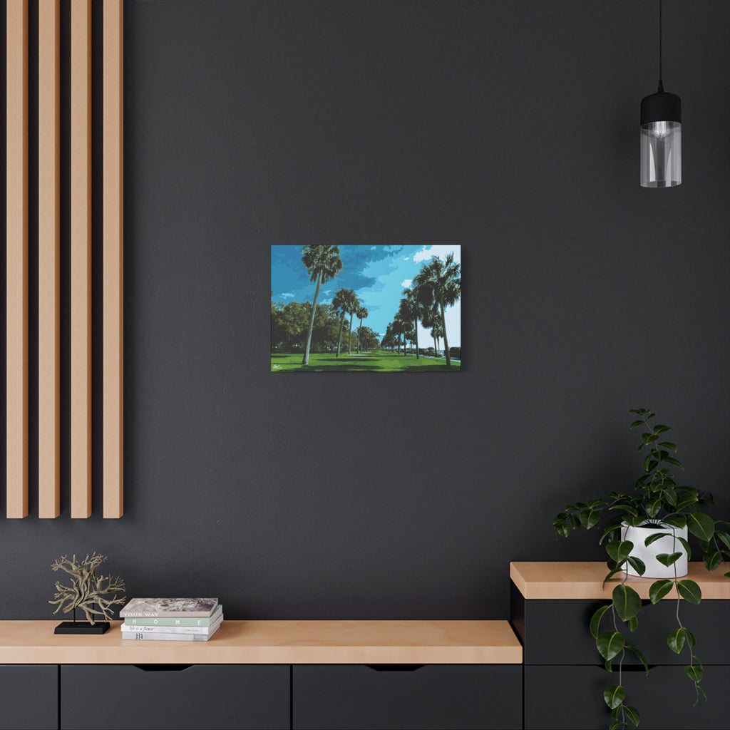 The Battery (Original) medium canvas on a charcoal wall by wood slats, sunlit palms and long shadows by the water