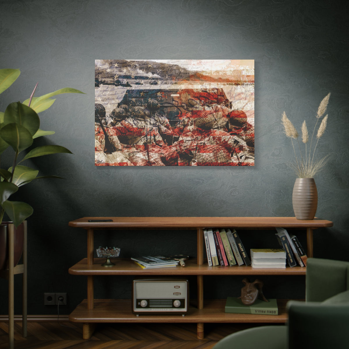 D-Day 75th Anniversary large canvas on a green-gray wall over bookshelves, D-Day landing craft tribute