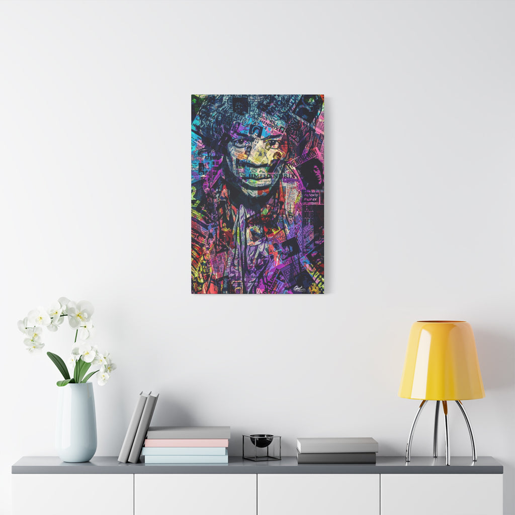 Purple Voodoo large canvas on a white wall above a console, hazy music-collage portrait in deep blues