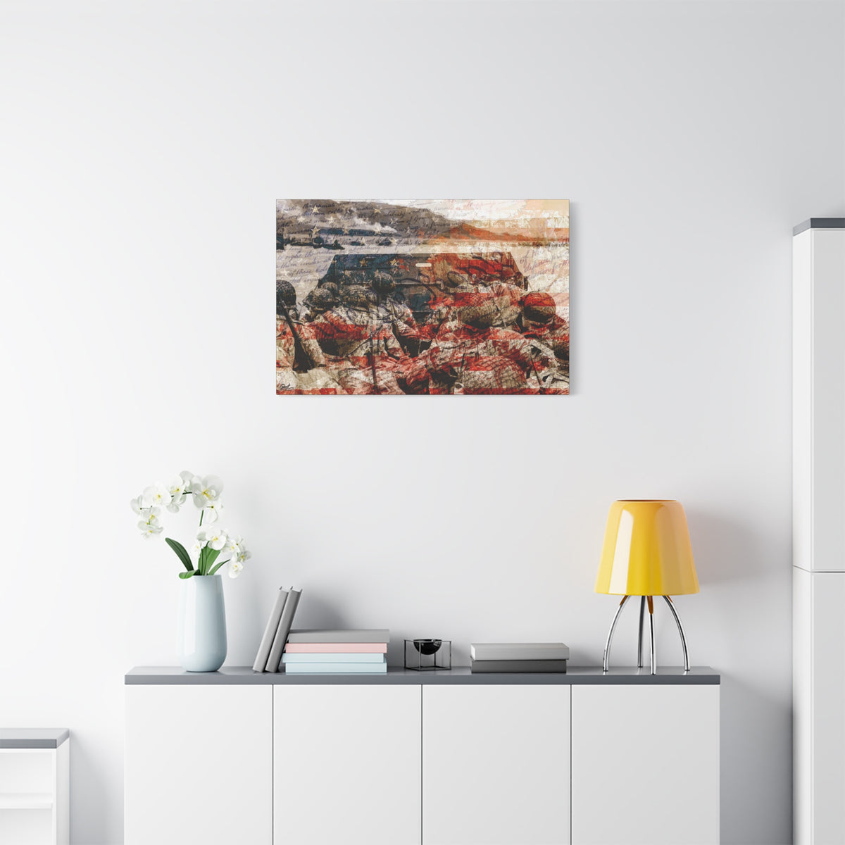 D-Day 75th Anniversary medium canvas above a white sideboard and yellow lamp, D-Day landing craft tribute