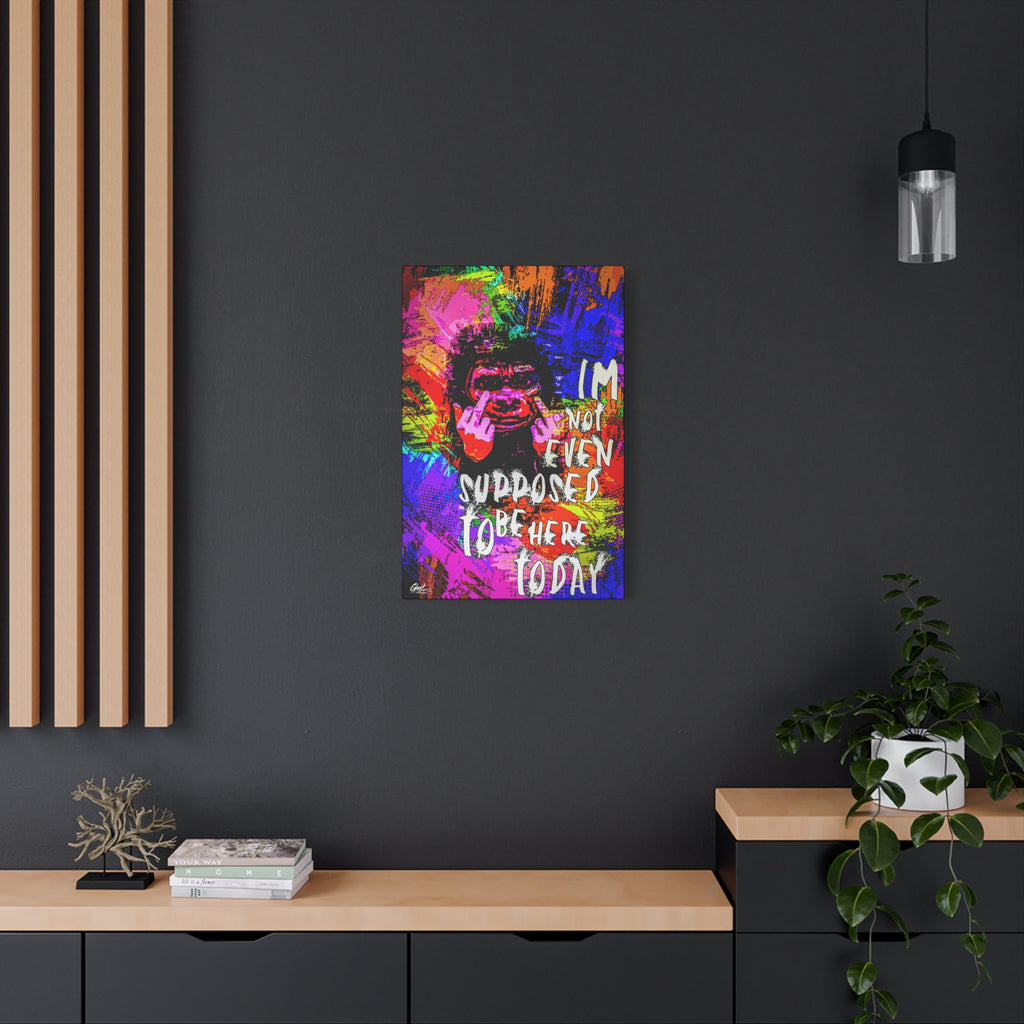 Not Even Supposed to Be Here medium canvas on a charcoal wall by wood slats, neon pop-art ape over bold halftone color