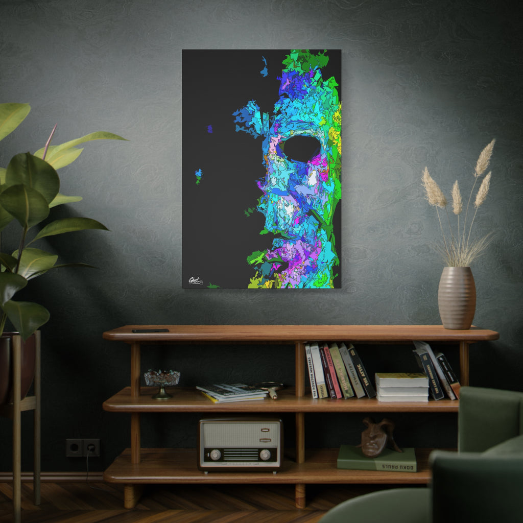 Stalk at Night, Prism Edition canvas above a wooden bookshelf, pale mask built from neon blue, violet and green shards