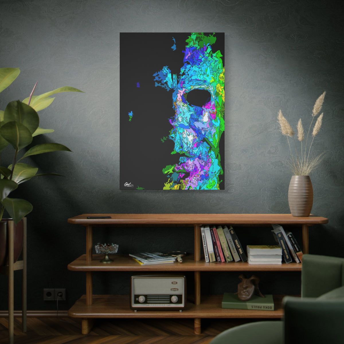Stalk at Night, Prism Edition canvas above a wooden bookshelf, pale mask built from neon blue, violet and green shards