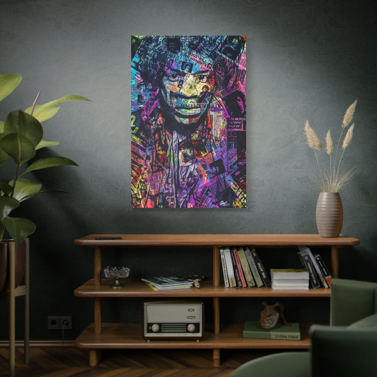 Purple Voodoo large canvas on a green-gray wall over bookshelves, hazy music-collage portrait in deep blues