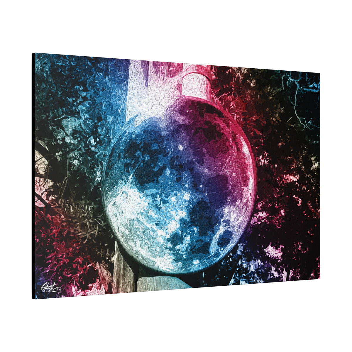 Universe in a Mirror canvas, angled side view: moon-like orb in blue and pink film tones in a surreal sky