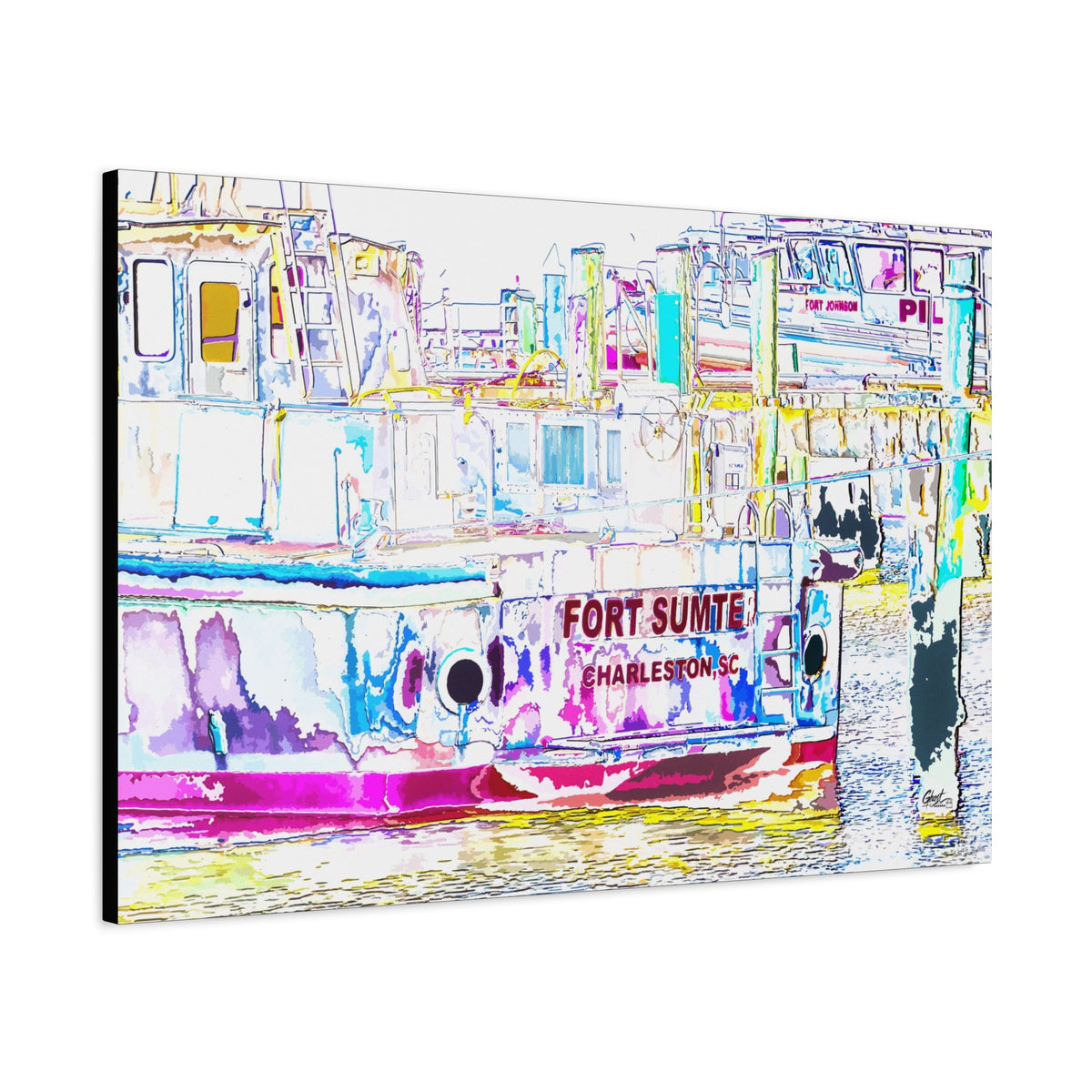 Fort Sumter Retro canvas, angled side view: neon retro harbor boat
