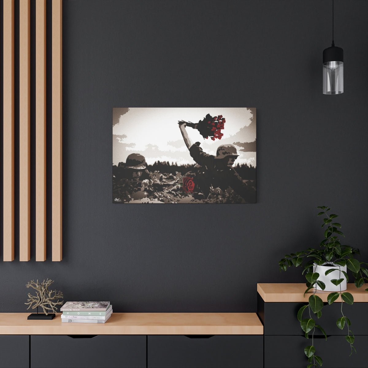 War Peace large canvas on a charcoal wall over an oak shelf, soldier raising red roses above the trenches