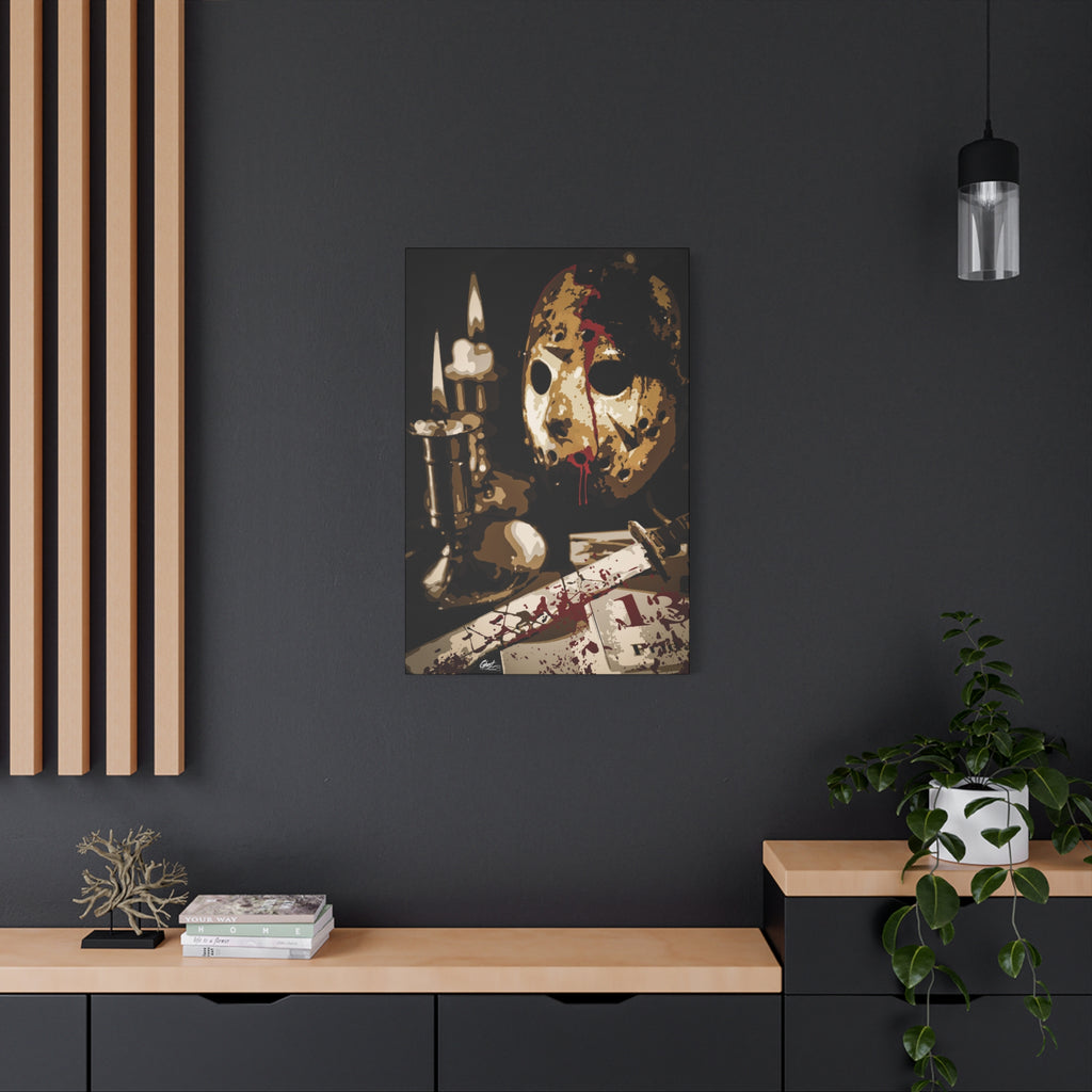 Off the Clock medium canvas on a charcoal wall over an oak shelf, bloodied hockey mask beside lit candles and a machete