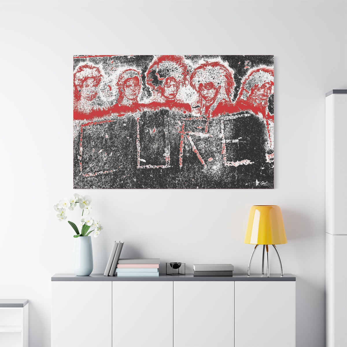 Lowcountry Medicine large canvas above a white sideboard and yellow lamp, distressed red, black and white grunge lettering on concrete