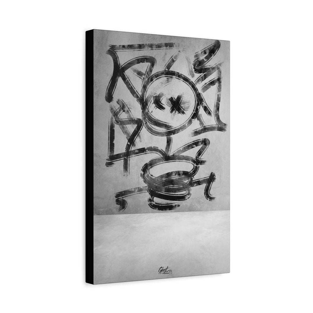 Going Crazy canvas, angled side view: loose black marks circling a central form above a small cup shape