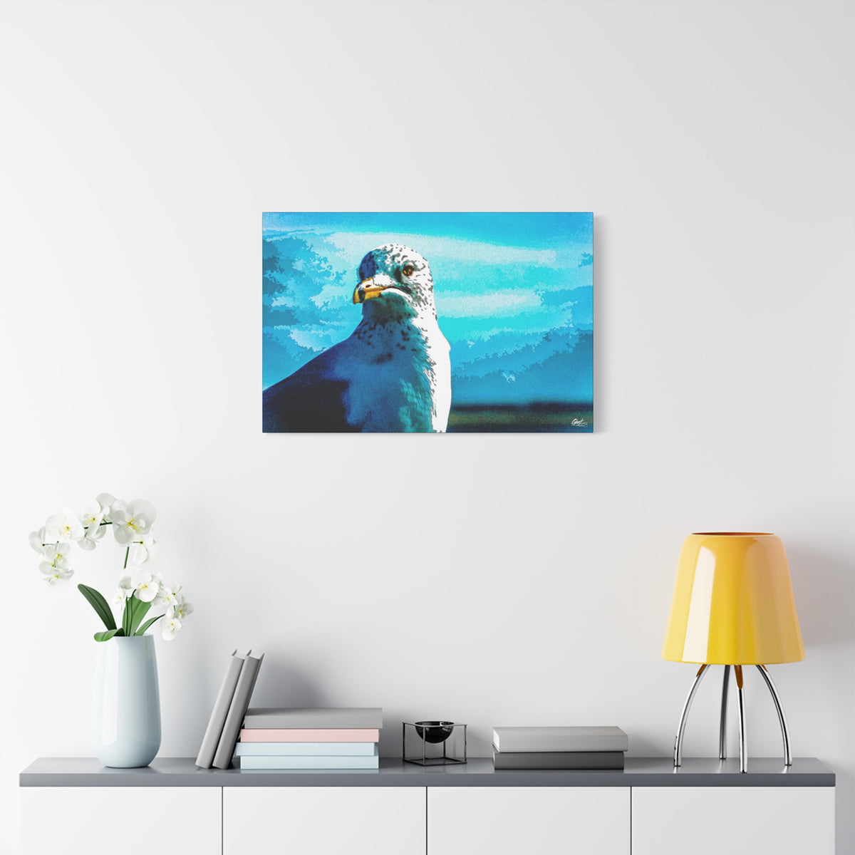Carolina Seagull oversized canvas on a white wall above a console, pier seagull close-up in vivid blues